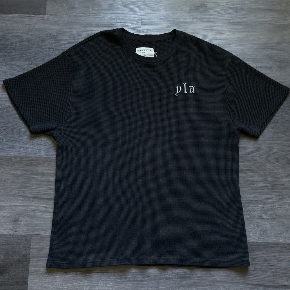 YoungLA Waffle Thermal Oversized T-shirt Mens XL Black Embroidered Streetwear